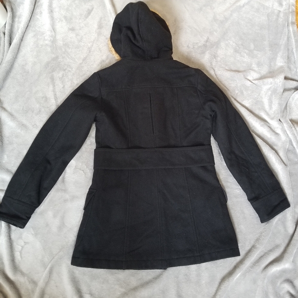 American Eagle Wool Leather Wooden Toggle SM PeaCoat Hooded Womens - Picture 10 of 11